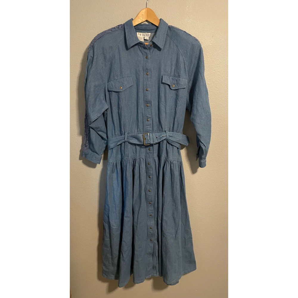 Vintage Together Dress Size 18W Blue Chambray Embroidered Belted Prairie 90s